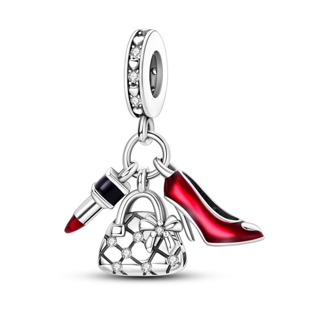 Red Lipstick, High Heel & Purse Dangle Charm – S925 Sterling Silver